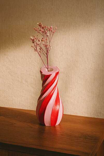 N&E Studio Özel Tasarım Karnaval Serisi Vazo | El Yapımı Taş Spiral | Pembe Kırmızı Dekoratif Şeker Vazo