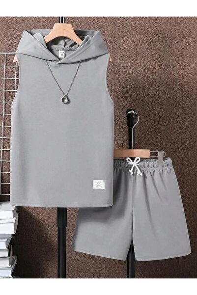 LUSHN طقم تي شيرت بقلنسوة بدون أكمام مطبوع عليه علامة للجنسين مع شورت