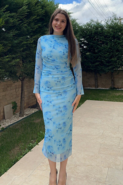 Sorridi Tül Drapeli Bisiklet Yaka Uzun Kollu Desenli Midi Elbise