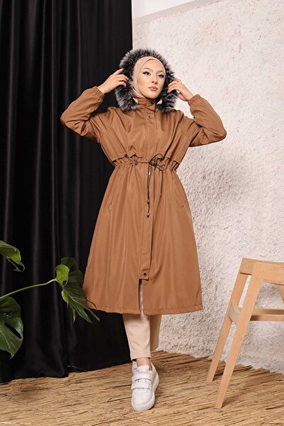 Vibeys Collection Tan Fur Lined and Waterproof Large Size Oversize Women's Winter Coat & Coat