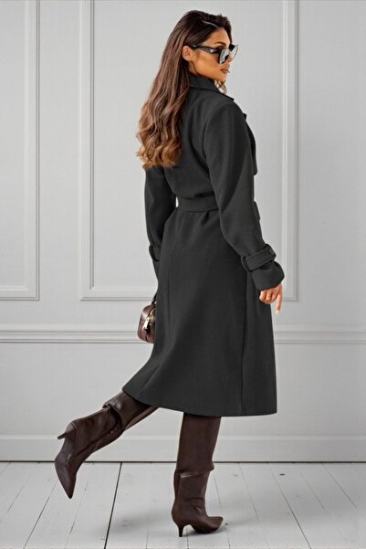 FashionForYou Office overcoat, with VITTORIA buttons and matching drawstring, Black, Size S/M