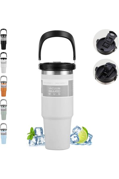 Generic TIANKMER 30 oz Stainless Steel Insulated Tumbler with Handle and Straw (White)