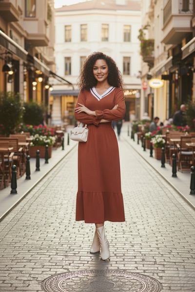 Avones Γυναικείο πλεκτό φόρεμα με λαιμόκοψη σε σχήμα V με μακρυμάνικο μάλλινο φόρεμα μίντι μήκους από βισκόζη-καφέ