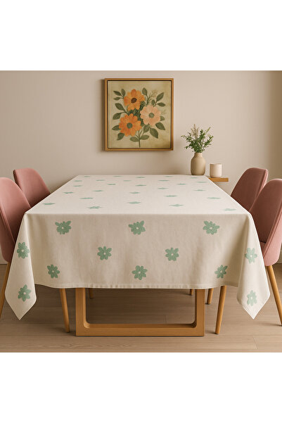 Jeevee Yeşil Çiçek Nakış Motifli Keten Masa Örtüsü- Şık Vintage