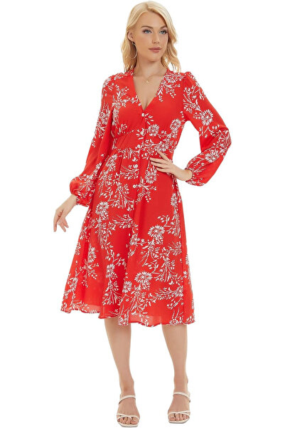 OEM Boho Midi Dress with Long Sleeves, V-Neck, Floral Print, Ideal for Fall or Summer, Size S