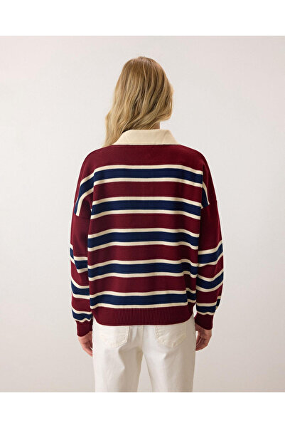 Ayinsu Burgundy - Retro Thick Striped Buttoned Polo Neck Knit Sweater