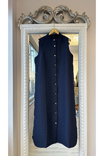 Invee Quilted Long Vest - Navy Blue
