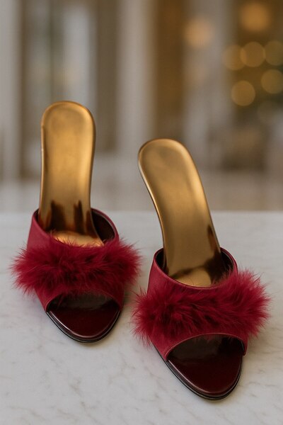 cherry queen Premium Burgundy Satin Feather Heeled Slippers – Luxurious Night & Home Elegance, Elegant Feminine Design