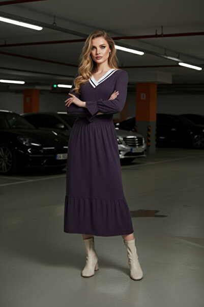 Avones Tricotaj pentru femei, cu decolteu în V, cu mânecă lungă, din lână, din viscoză, rochie midi-violet