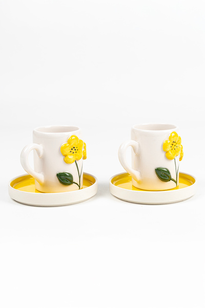 Loomart 2-Person 4-Piece Handmade Coffee Cup Set with Flower Figures