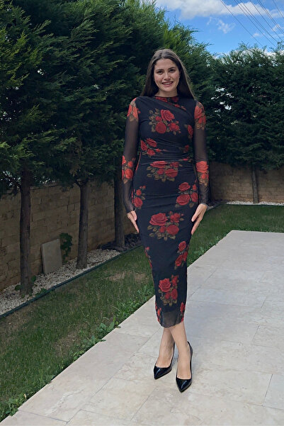 Sorridi Tül Drapeli Bisiklet Yaka Uzun Kollu Desenli Midi Elbise