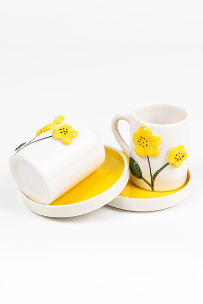 Loomart Çiçek Figürlü 2 Kişilik 4 Parça El Yapımı Kahve Fincanı Takımı