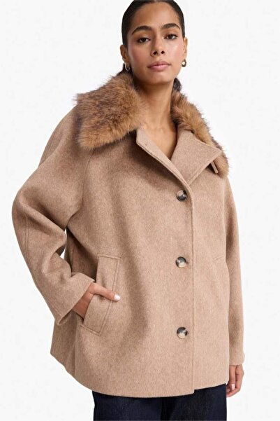 DeFacto Отделящ се яка от изкуствена кожа, палто от вълна с редовна кройка и копчета (25 WN)