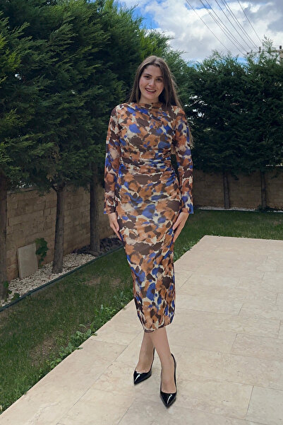 Sorridi Tulle Draped Crew Neck Long Sleeve Patterned Midi Dress