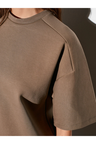 Dilvin 31975 Short Sleeve Oversized T-Shirt-Light Khaki