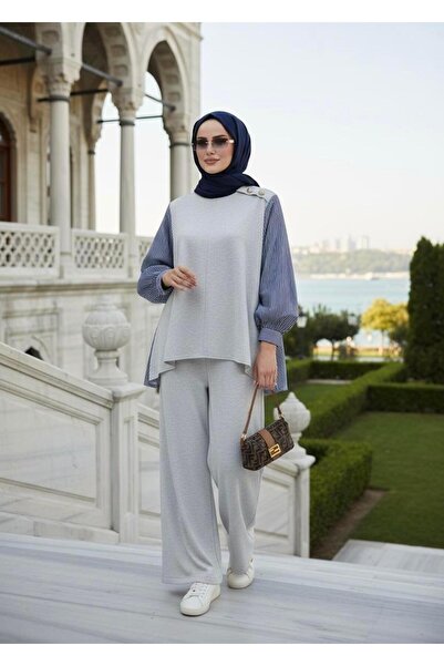 Aselim Hijap Moda Maribel Double Set – Grimenaj with Striped Shirt Detail