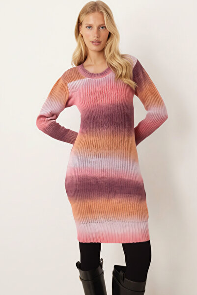 armonika Women's Dusty Rose Crew Neck Colorful Knitwear Dress Arm-26K136029