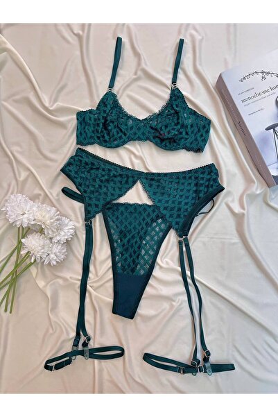 La Linaa Angel Transparent Lace Bra Panty Garter Set