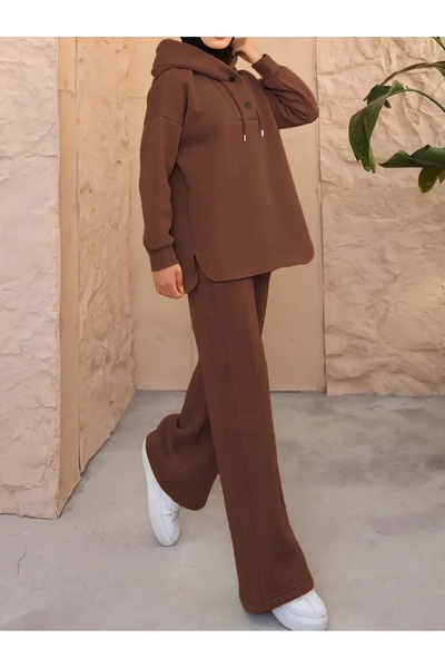 LUSHN Women's Plus Size Hooded Collar Buttoned 3 Thread Hijab Double Set