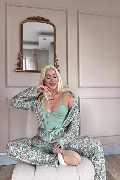 Pijamaevi Green Yellow Paisley Exclusive Knitted Women's Pajama Set with Robe