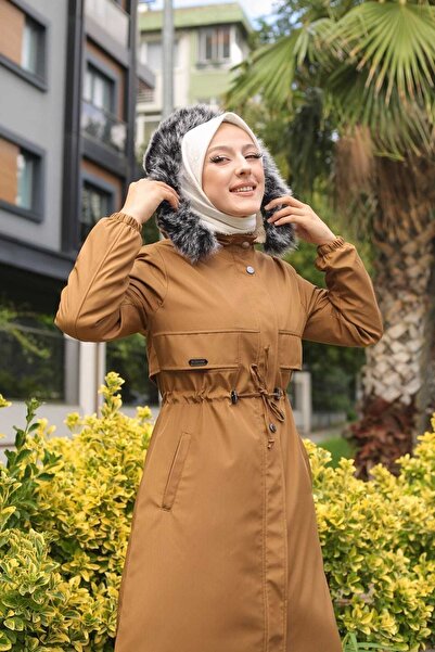 Marjinal City Tan Fur Lined and Waterproof Large Size Oversize Women's Winter Coat & Coat