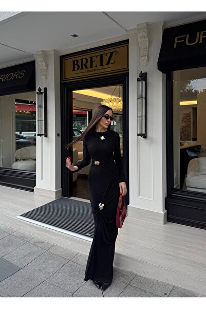 Julidress Gold Metal Brooch Detailed Maxi Long Premium Shirred Dress