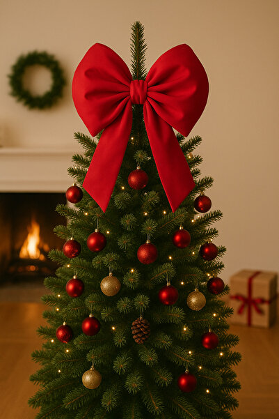 Beige & Stone Ribbon Medium Christmas Tree Ornament Christmas Red Bow 37X40Cm