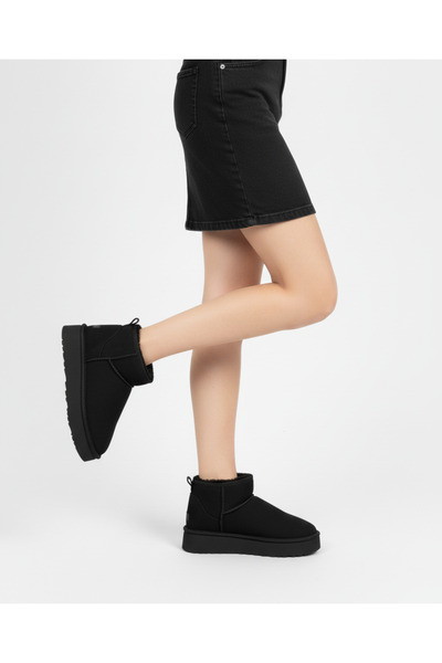 modewelt İçi Kürklü siyah kadın Kalın Taban Kısa Süet Bot