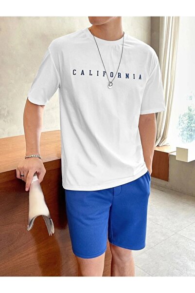 LUSHN طقم صيفي تي شيرت شورت أزرق أبيض كاليفورنيا مطبوع