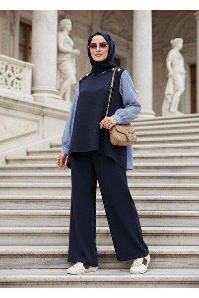 Aselim Hijap Moda Maribel Double Suit – Navy Blue with Striped Shirt Detail