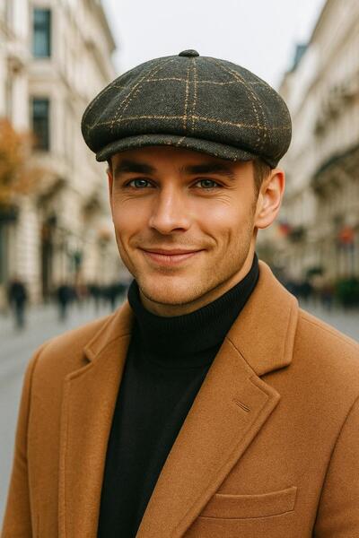 FELLMENS Pălărie pentru bărbați din cașmir cu model în carouri kaki