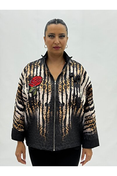 lavelina Büyük Beden Çiçek Motifli Leopar Desenli Kapri Kol Kadın İnce Rüzgarlık Ceket