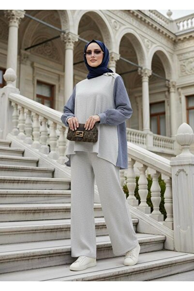 Aselim Hijap Moda Σετ Maribel Δύο τεμάχια – Ριγέ πουκάμισο με λεπτομέρεια γριμέναζ