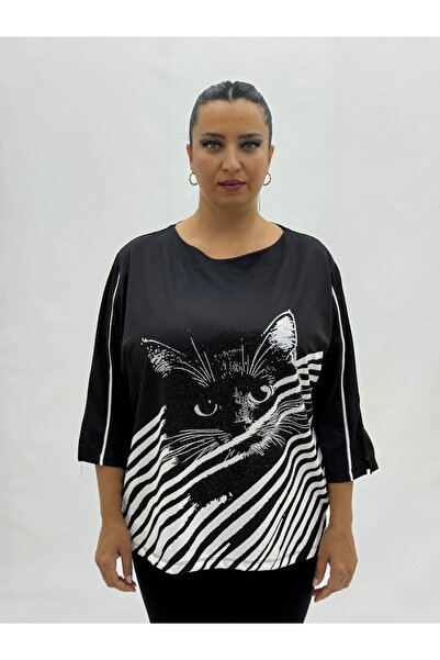 lavelina Plus Size Cat Motif Stone Detailed Capri Sleeve Viscose Women's Blouse