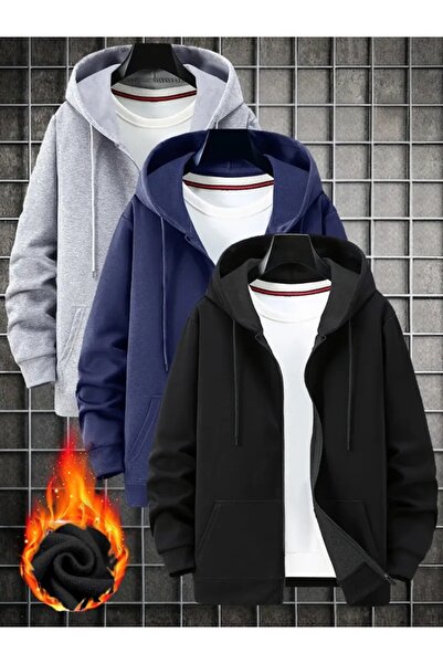 EXPECTED Unisex 3-Piece Transitional Oversized Black-Grey-Navy Blue Zippered Cardigan Sweatshirt