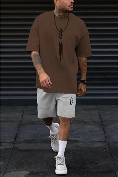 LUSHN طقم تي شيرت صيفي بشعار عمودي كبير الحجم مطبوع عليه كل شورت رمادي