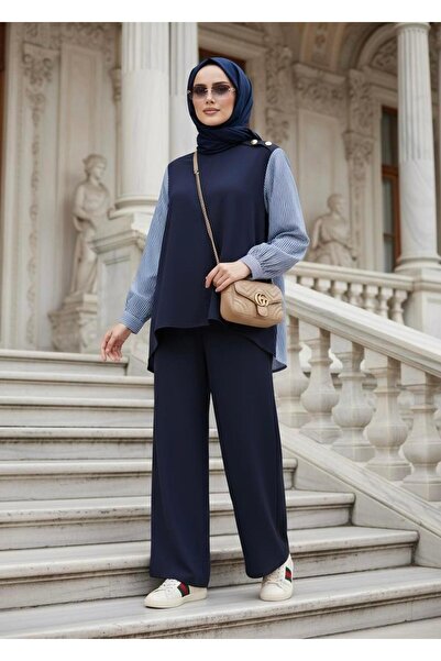 Aselim Hijap Moda Maribel Double Suit – Navy Blue with Striped Shirt Detail