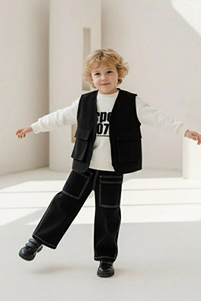 Kidmark Çocuk Modası Boy's Vest Set Black 3-Piece Bottom-Top Set