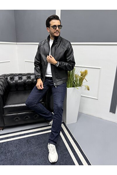 Avni Ceylan Modern Stand Collar Black Men's Leather Bomber Jacket