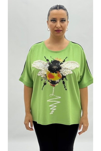 Sortie Plus Size Bee Motif Stone Pearl Detailed O Oversized Short Sleeve Wome...