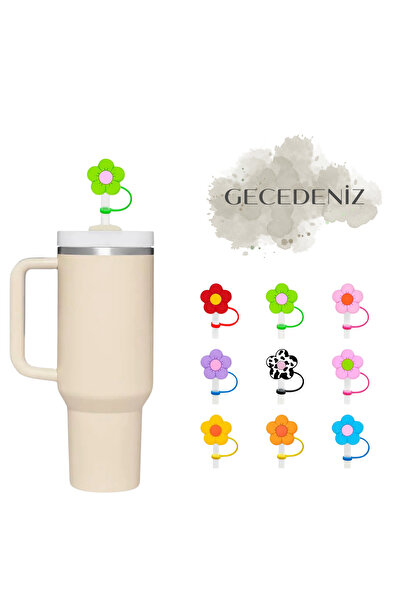 GECEDENİZ Thermos Compatible Straw Stopper Green Flower 2D