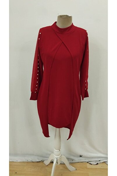 JANES Γυναικείο μακρυμάνικο φόρεμα μίντι από κρεπ εισαγωγής με λεπτομέρεια από τούλι και πέρλες