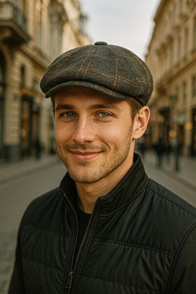 FELLMENS Gri Ekose Desenli Kaşmir Erkek Kasket Şapka