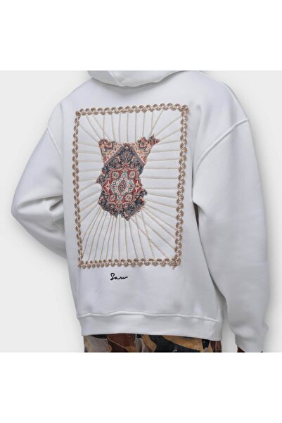 SAW Urbanity Su Yolu Otantik Nakışlı Oversize Hoodie - %100 Pamuk Şardonlu - Beyaz