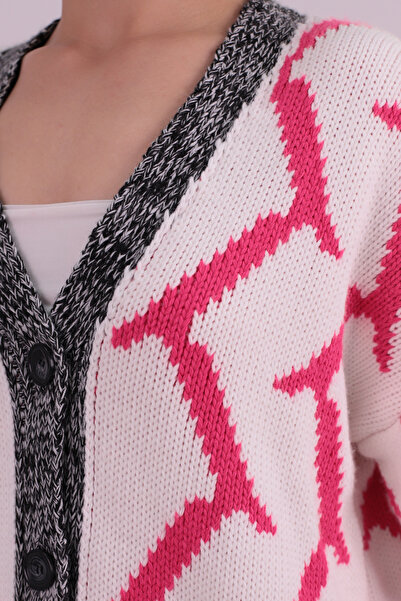 armonika Women's Fuchsia V-Neck Buttoned Patterned Knitwear Cardigan Arm-26K136045