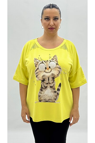 Sortie Plus Size Cat Graphic Rhinestone Mesh Detail Oversized Short Sleeve Wo...