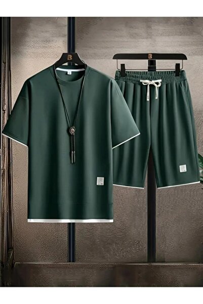 LUSHN طقم شورت تي شيرت بتفاصيل بيضاء من القطن بنسبة 100% للموسم الجديد للرجال