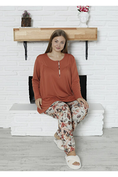 LİMİSSİ Viscose Plus Size Patterned Green Pajama Set 100% Cotton