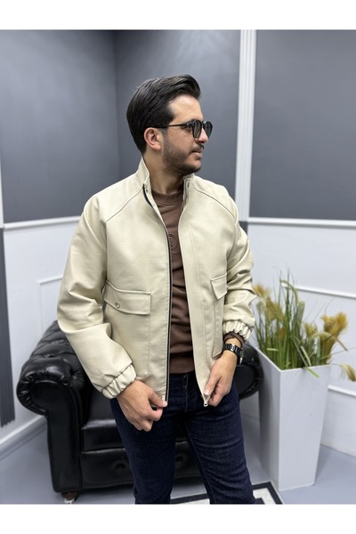 Avni Ceylan Modern Stand Collar Black Men's Leather Bomber Jacket