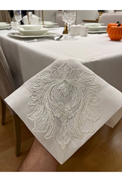 Zeren Home Zelotus Lace Detailed Carefree Tablecloth, Handcrafted French Lace Unlined Off-White